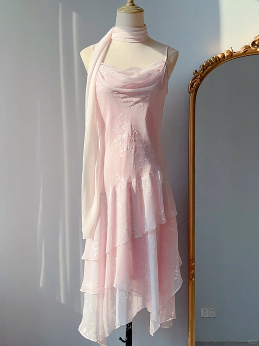Vintage Prom Dresses 90s Mermaid Spaghetti Straps Pink With Ruffles Sleeveless Knee Length Formal Outfits RB4256