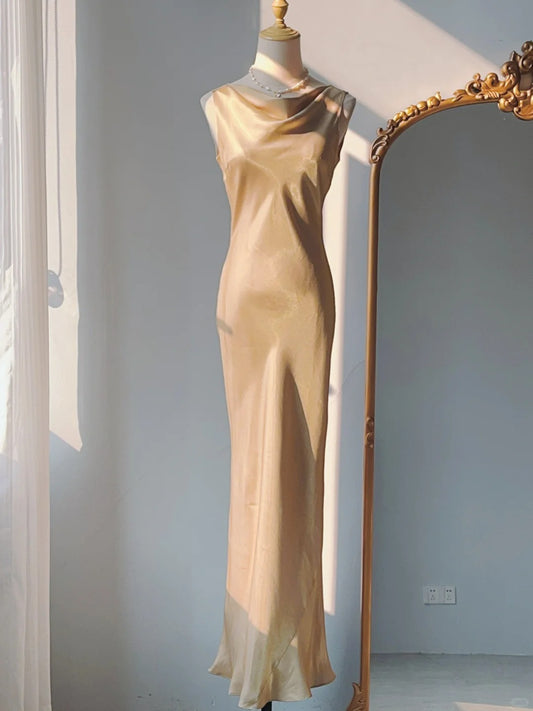 Vintage Prom Dresses Sheath Gold  1970s Sleeveless Long Evening Formal Dress RB3251