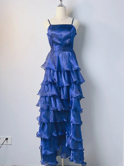 Vintage A line Spaghetti Strap Royal Blue Long With Ruffles Layers Prom Dresses Formal Outfits RB3899