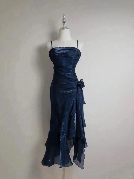 Vintage Prom Dresses 80s Sheath Spaghetti Straps Navy Blue Sleeveless Ankle Length Evening Formal Outfits RB4276