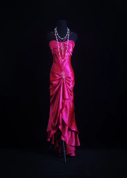 Retro High Low Halter Fuchsia Pink Long Floor Length Prom Dresses Formal Party Outfits RB3944