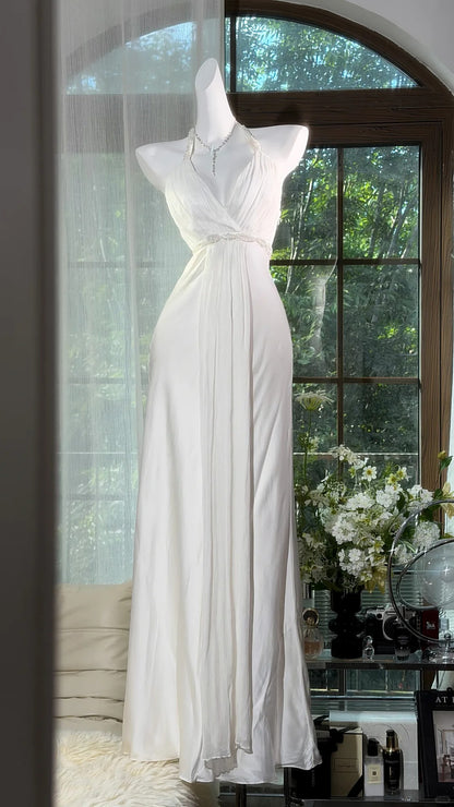 Vintage Mermaid Halter White Chiffon With Beading Long Prom Dress Formal Outfits Party Dresses RB7558