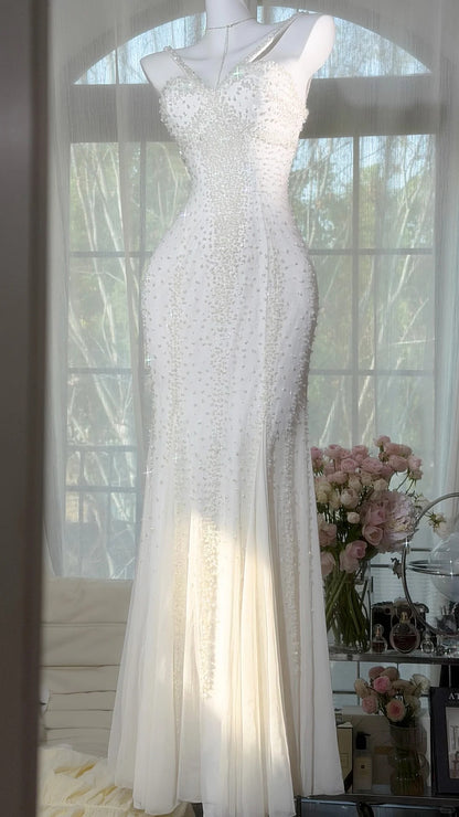 Modest Prom Dresses Mermaid Halter White Chiffon With Beading Floor Length Evening Outfits N3528