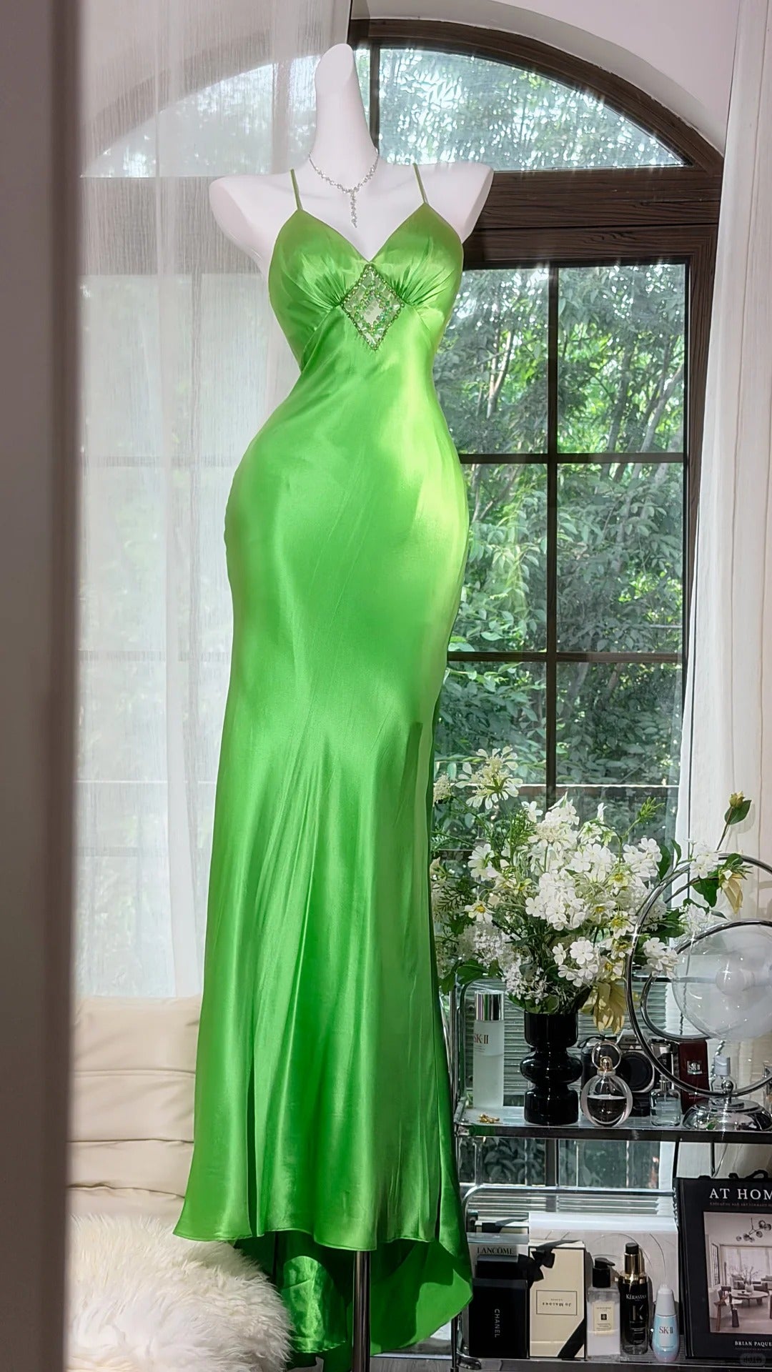 Sophisticated Mermaid Spaghetti Strap Satin Green Backless Chiffon Floor Length Prom Dresses Inspo Formal Outfits RB4514