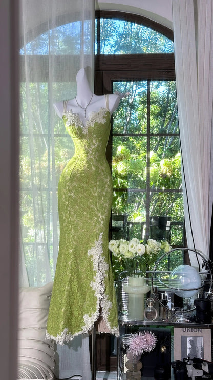 Modest Prom Dresses Mermaid Spaghetti Strap Green Sleeveless Lace Long Evening Outfits N3566