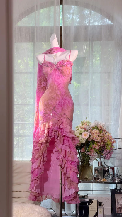 Sexy Mermaid Spaghetti Straps Pink Floral Chiffon With Ruffled Prom Dress Formal Outfits Party Dresses RB7569