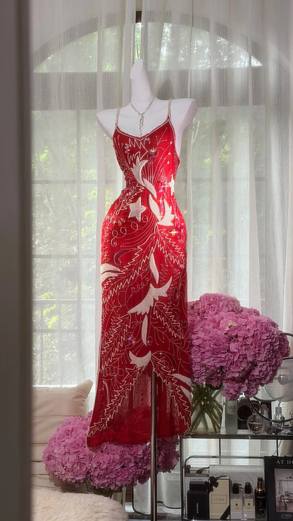 Vintage Prom Dresses Mermaid Spaghetti Straps Red Chiffon 1950s Retro Party Evening Formal Outfits RC1098