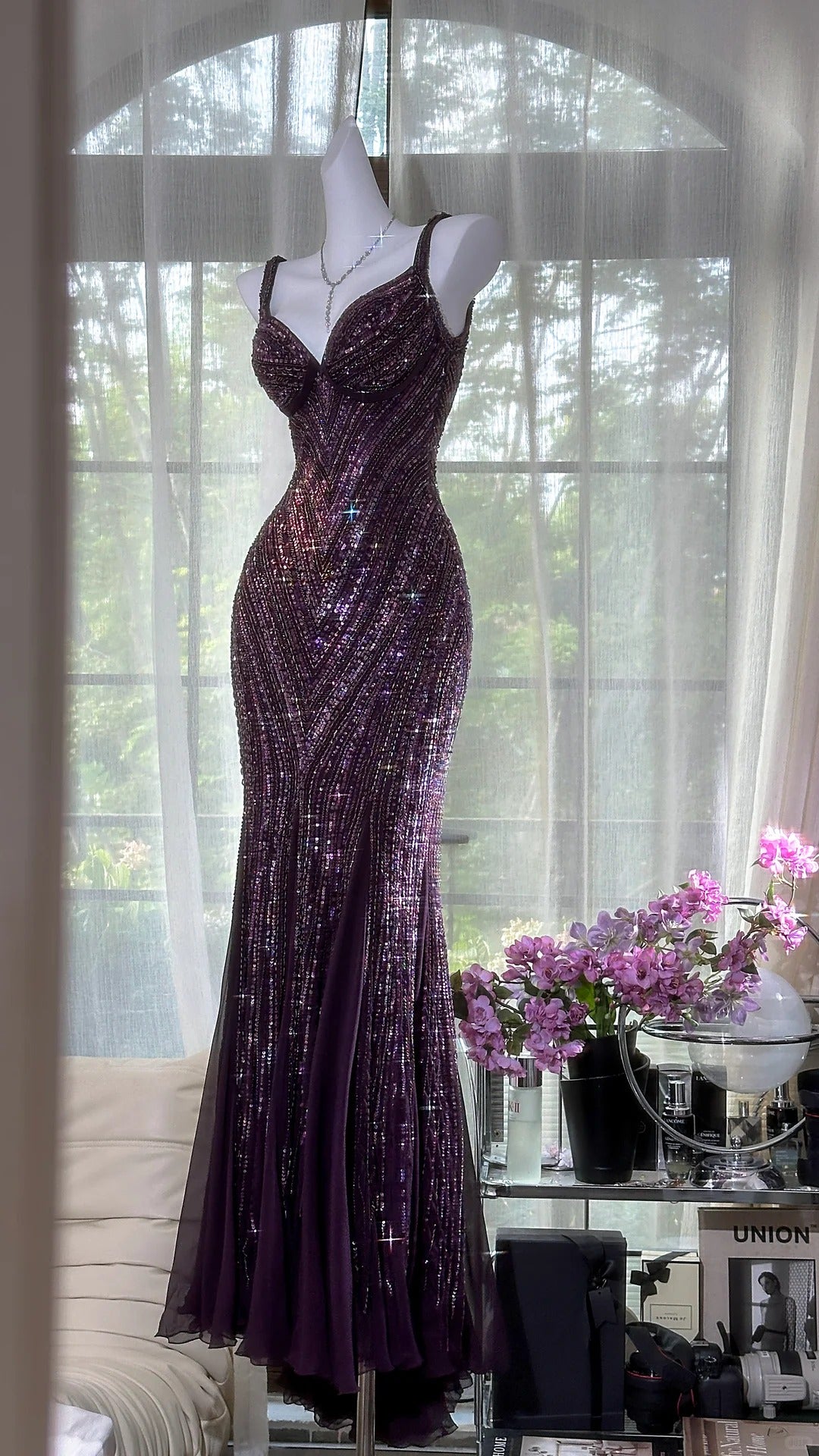 Modest Prom Dresses Mermaid Sweetheart Purple With Beading Chiffon Sleeveless Evening Outfits N3571
