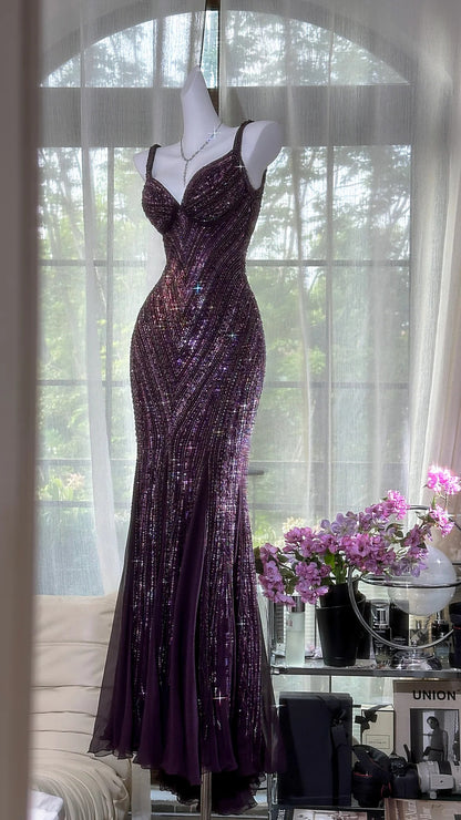 Modest Prom Dresses Mermaid Sweetheart Purple With Beading Chiffon Sleeveless Evening Outfits N3571