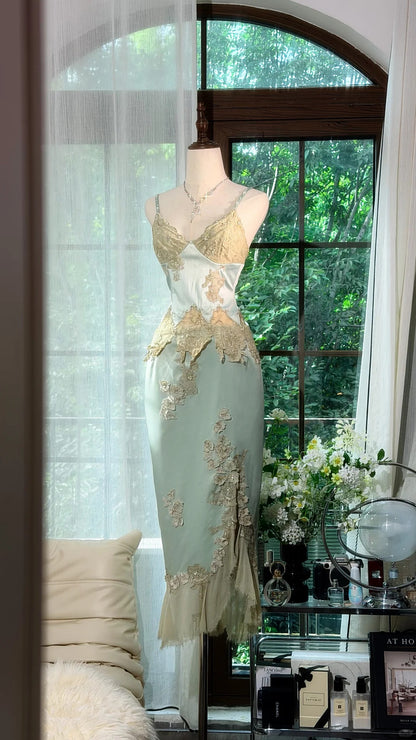 Vintage Mermaid Spaghetti Strap Mint Green With Lace Slit Prom Dress Formal Outfits Party Dresses RB7560