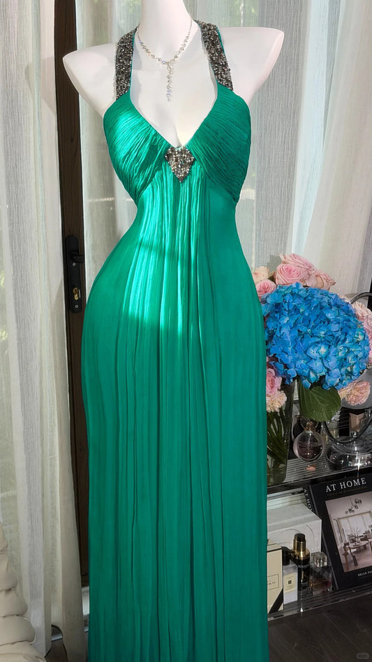 Sophisticated Mermaid Halter Green Backless Chiffon Floor Length Prom Dresses Inspo Formal Outfits RB4513