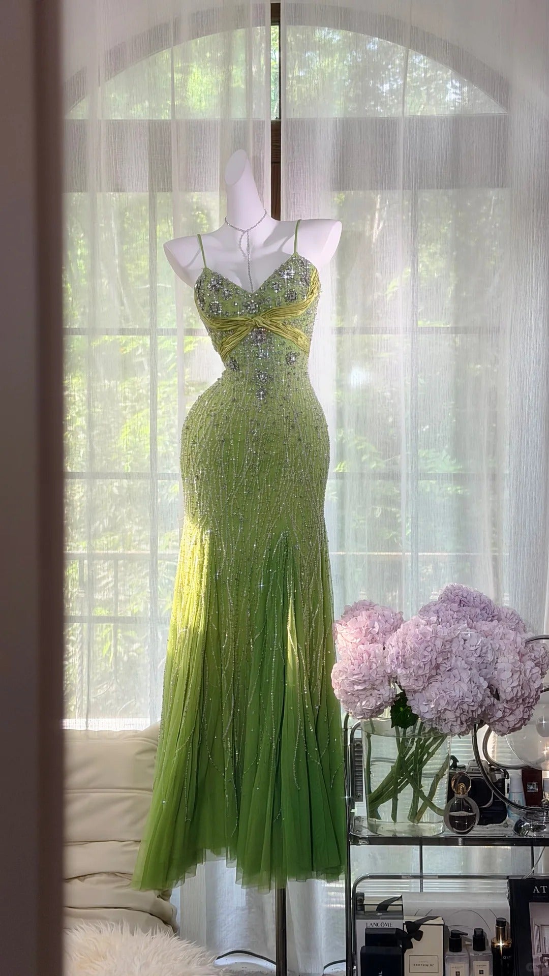 Sexy Mermaid Spaghetti Straps Green Tulle With Beading Prom Dress Formal Outfits Party Dresses RB7571