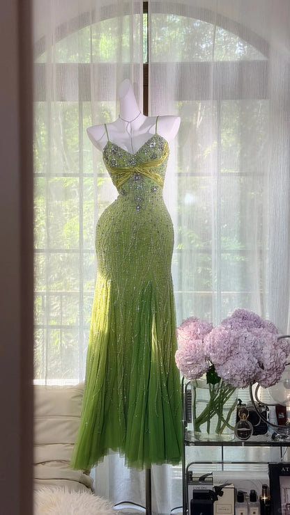 Sexy Mermaid Spaghetti Straps Green Tulle With Beading Prom Dress Formal Outfits Party Dresses RB7571