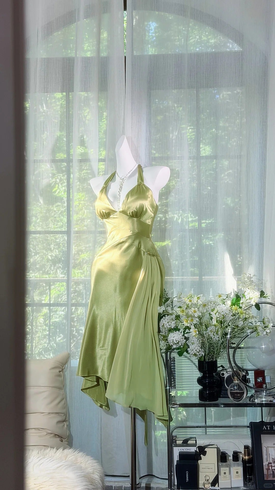 Vintage Hoco Dress Mermaid Halter Sage Green Satin Knee Length Homecoming Party Dresses RB9788