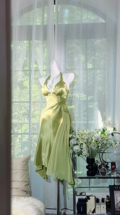Vintage Hoco Dress Mermaid Halter Sage Green Satin Knee Length Homecoming Party Dresses RB9788