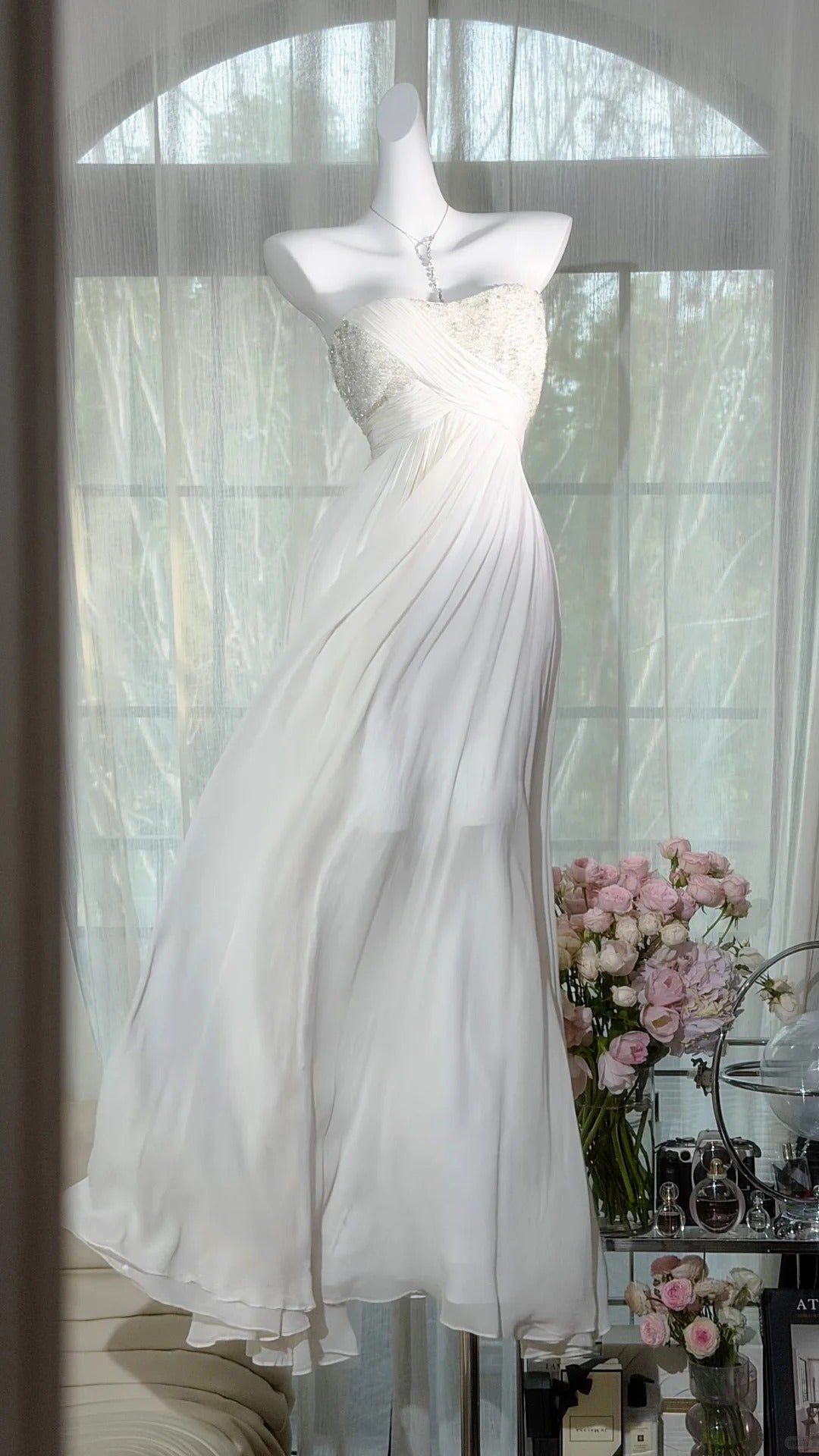 Modest Prom Dresses A line Swetheart White Chiffon Floor Length Evening Outfits N3525