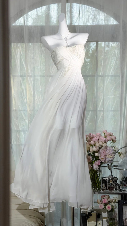 Modest Prom Dresses A line Swetheart White Chiffon Floor Length Evening Outfits N3525