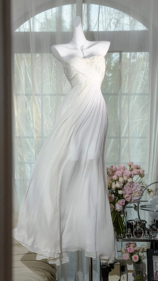 Modest Prom Dresses A line Swetheart White Chiffon Floor Length Evening Outfits N3525