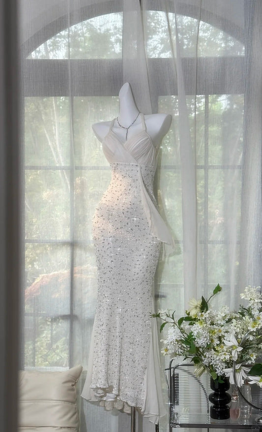 Modest Prom Dresses Mermaid Halter Sleeveless Sequin Chiffon Long Evening Outfits N3557