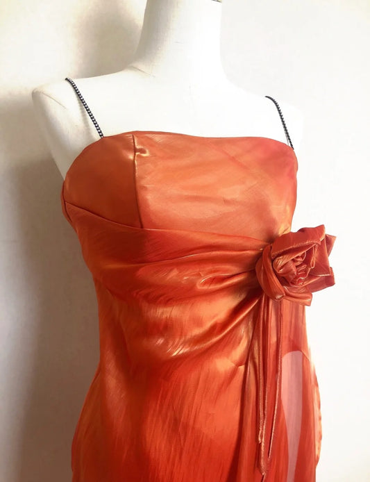 Vintage Prom Dresses Mermaid Orange Spaghetti Strap 80s Sleeveless Long Evening Formal Dress RB3241