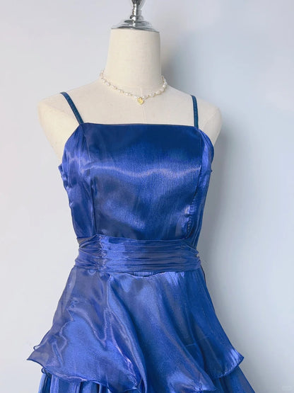 Vintage A line Spaghetti Strap Royal Blue Long With Ruffles Layers Prom Dresses Formal Outfits RB3899