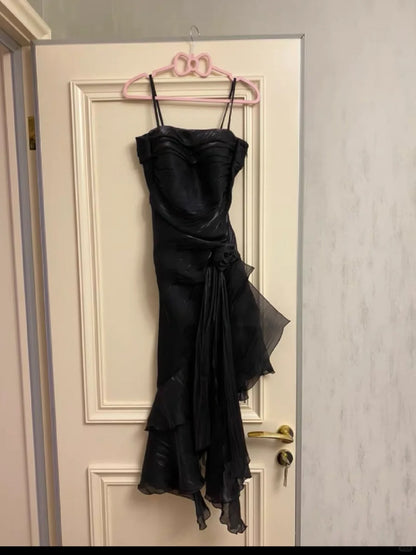Modest Mermaid Spaghetti Strap Navy Blue Tea Length Spring Summer Event Outfits Wedding Guest Dresses RB3214