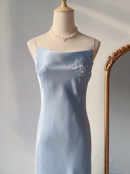 Vintage Sheath Light Sky Blue Chiffon With Applique Long Prom Dresses Formal Outfits RB3889