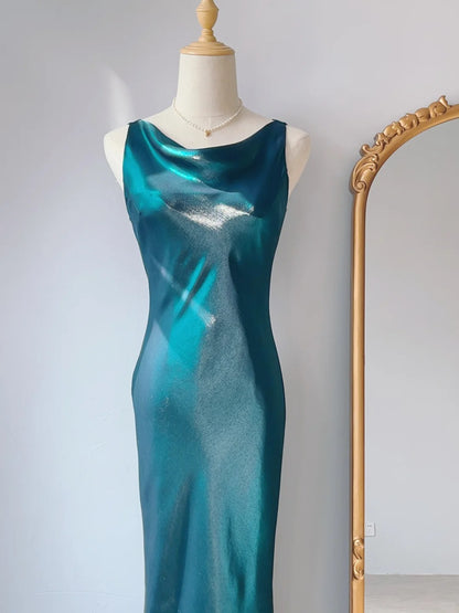 Vintage Prom Dresses 80s Sheath Cowl Neck Teal Blue Sleeveless Floor Length Evening Formal Outfits RB4267