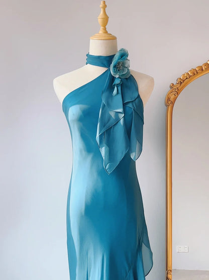 Vintage Prom Dresses 80s Sheath High Neck Blue Chiffon Sleeveless Tea Length Evening Formal Outfits RB4265