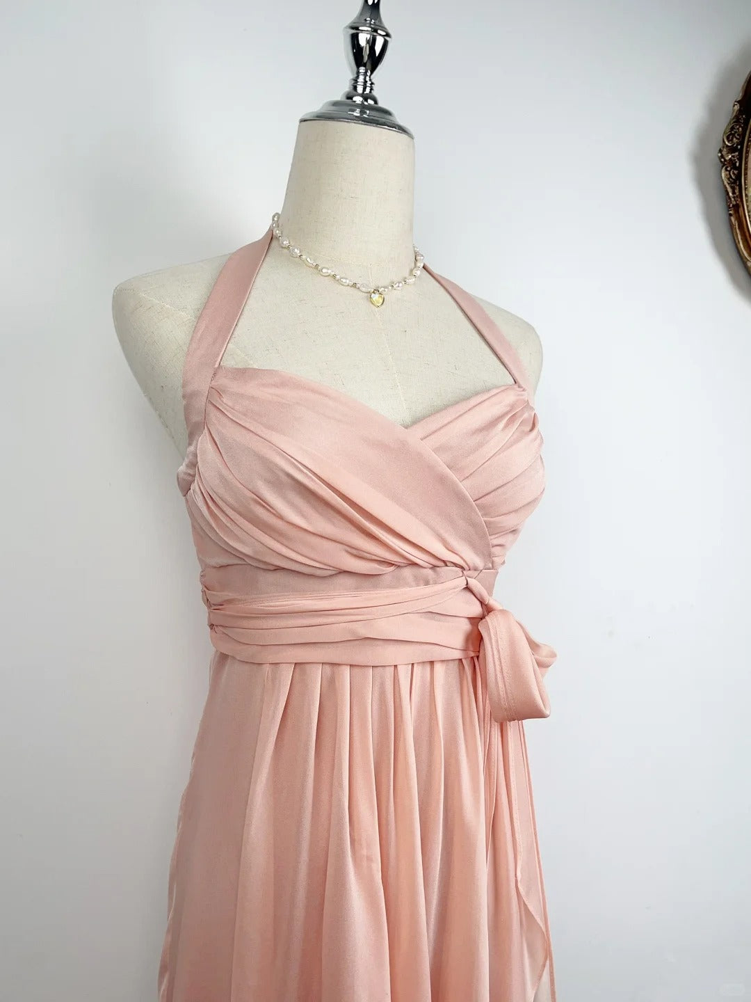 Retro A line Halter Blush Pink Chiffon Tea Length Prom Dresses Formal Party Outfits RB3920