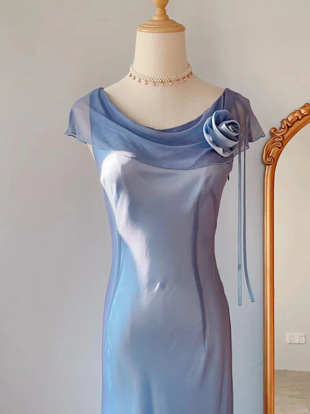 Vintage Sheath Cowl Blue Tea Length Chiffon Prom Dresses Formal Outfits RB3897