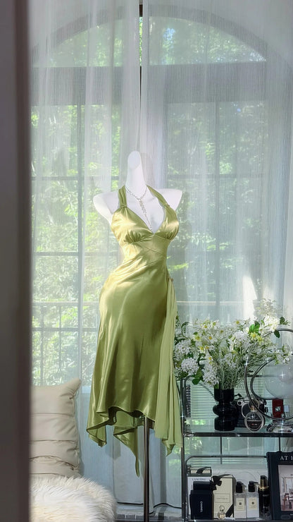 Vintage Hoco Dress Mermaid Halter Sage Green Satin Knee Length Homecoming Party Dresses RB9788