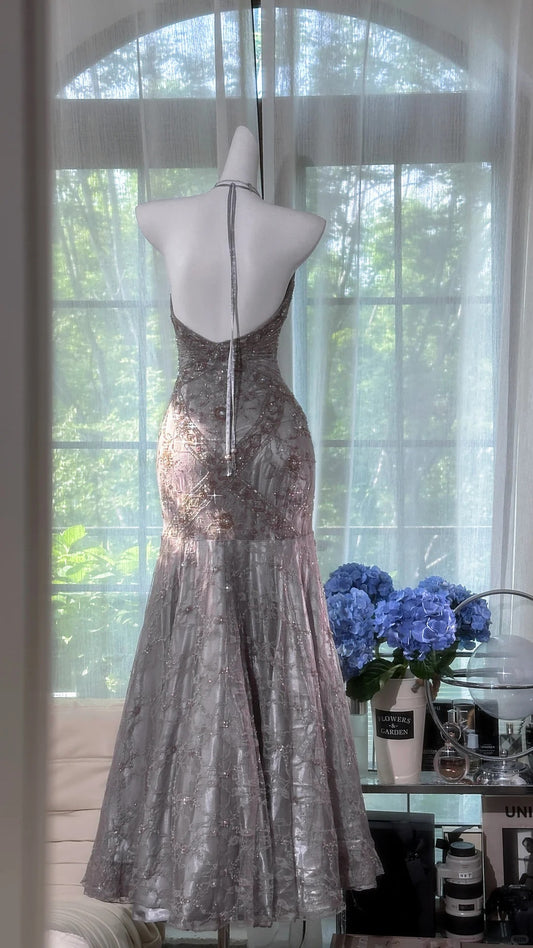 Modest Prom Dresses Mermaid Halter Grey With Beading Backless Sleeveless Evening Outfits N3575