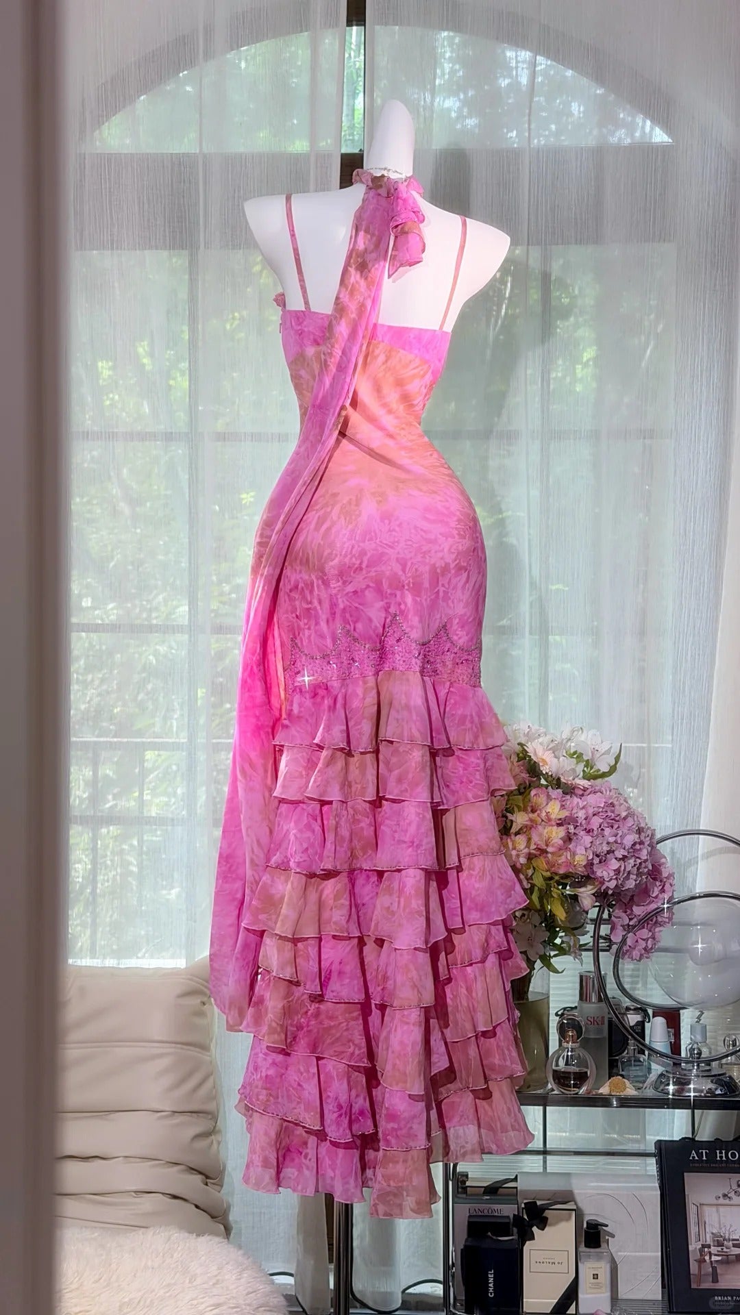 Sexy Mermaid Spaghetti Straps Pink Floral Chiffon With Ruffled Prom Dress Formal Outfits Party Dresses RB7569