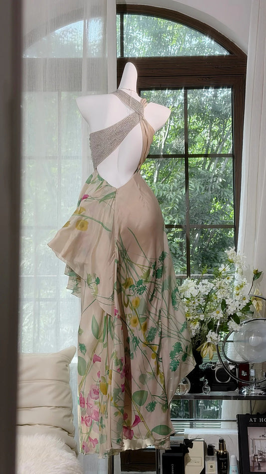 Classic A line Halter Champagne Chiffon Floor Length Prom Dresses Inspo Formal Outfits RB4510