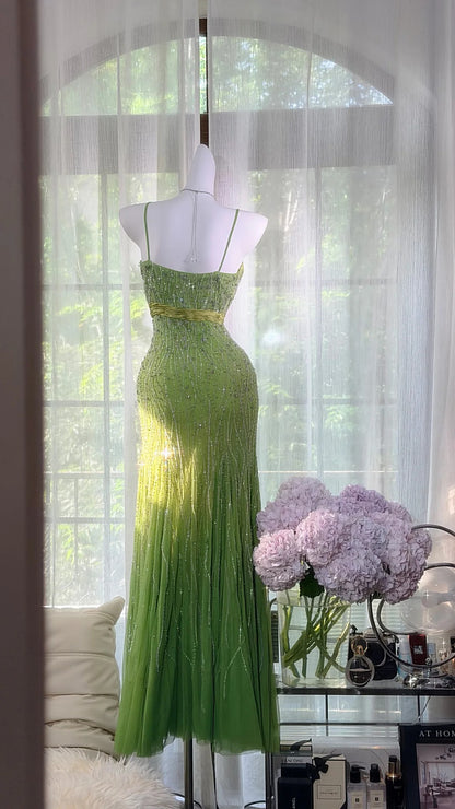 Sexy Mermaid Spaghetti Straps Green Tulle With Beading Prom Dress Formal Outfits Party Dresses RB7571