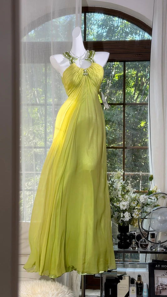 Classic Mermaid Halter Yellow Backless Chiffon Floor Length Prom Dresses Inspo Formal Outfits RB4512