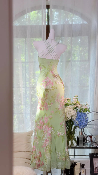 Vintage Mermaid Spaghetti Strap Mint Green Chiffon Floral Prom Dress Formal Outfits Party Dresses RB7562