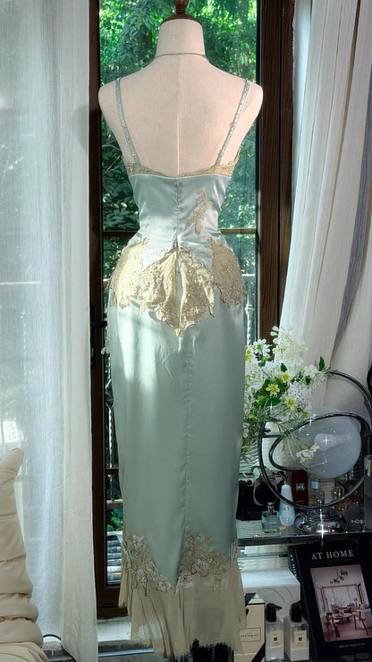 Vintage Mermaid Spaghetti Strap Mint Green With Lace Slit Prom Dress Formal Outfits Party Dresses RB7560
