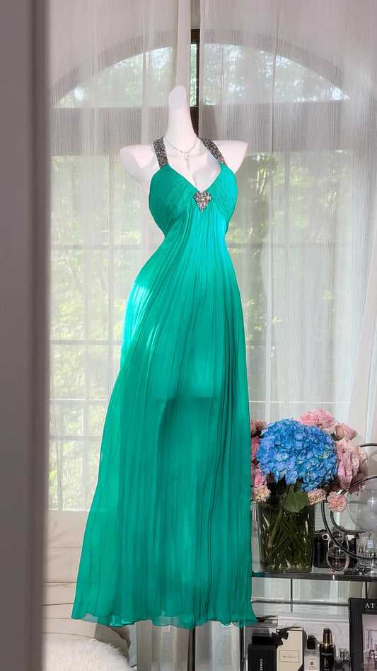Sophisticated Mermaid Halter Green Backless Chiffon Floor Length Prom Dresses Inspo Formal Outfits RB4513