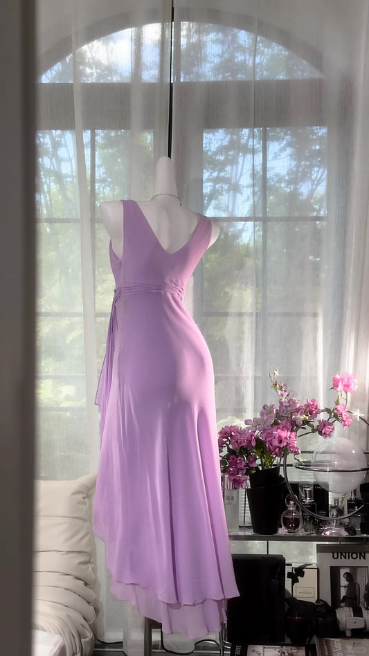 Charming Prom Dresses A Line V Neck Lilac Chiffon Mid Length Evening Outfits N3583