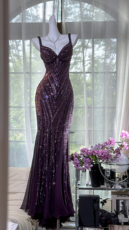 Modest Prom Dresses Mermaid Sweetheart Purple With Beading Chiffon Sleeveless Evening Outfits N3571