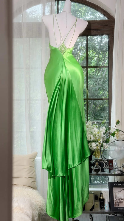 Sophisticated Mermaid Spaghetti Strap Satin Green Backless Chiffon Floor Length Prom Dresses Inspo Formal Outfits RB4514