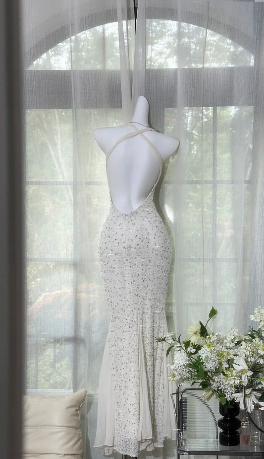 Modest Prom Dresses Mermaid Halter Sleeveless Sequin Chiffon Long Evening Outfits N3557