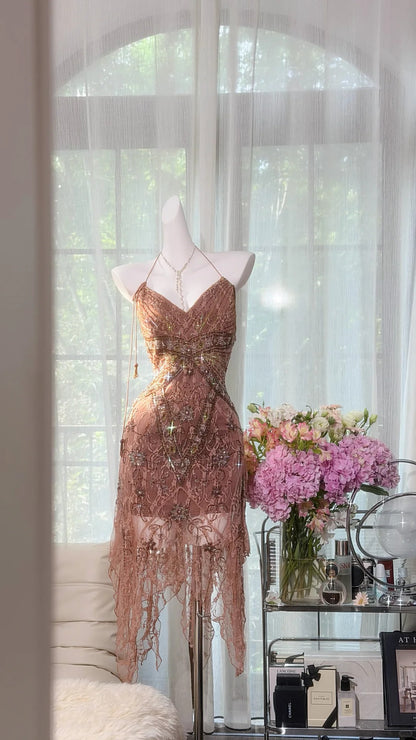 Sexy Short Homecoming Dresses Mermaid Halter Pink Lace Birthday Sweet 16 Dress Ideas Outfits RB7563