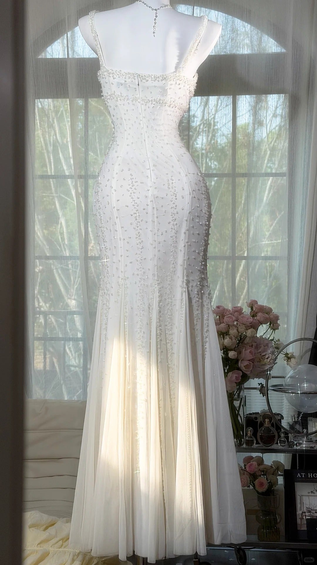 Modest Prom Dresses Mermaid Halter White Chiffon With Beading Floor Length Evening Outfits N3528