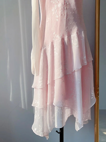 Vintage Prom Dresses Mermaid Pink Lace 80s Spaghetti Strap Chiffon Evening Formal Dress RB3246