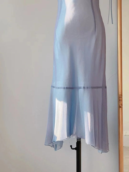 Vintage Sheath Cowl Blue Tea Length Chiffon Prom Dresses Formal Outfits RB3897
