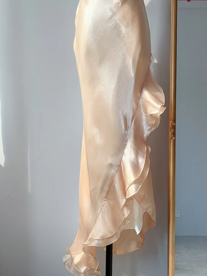 Vintage Prom Dresses Mermaid Spaghetti Straps Gold With Ruffles Sleeveless Long Evening Formal Outfits RB4252