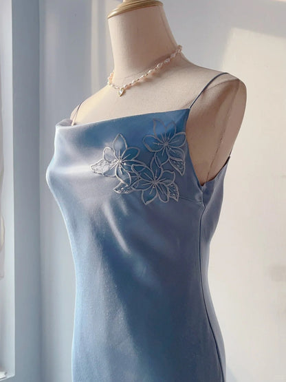 Vintage Sheath Light Sky Blue Chiffon With Applique Long Prom Dresses Formal Outfits RB3889